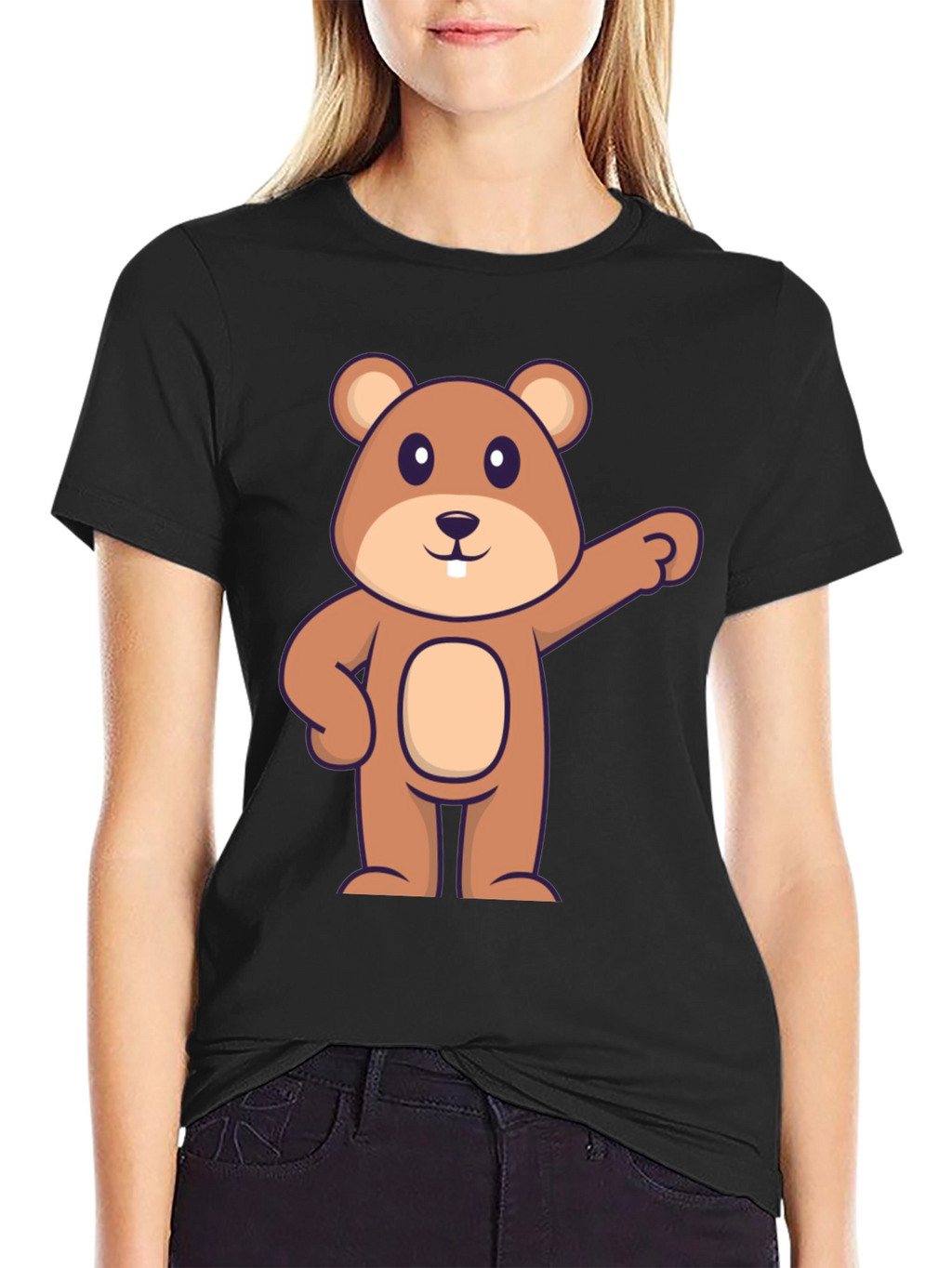 Cartoon Beaver Graphic Tee - Black Cotton