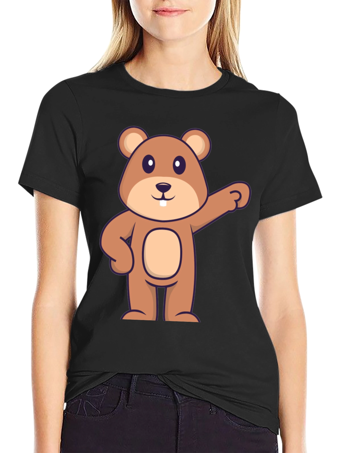 Cartoon Beaver Graphic Tee - Black Cotton
