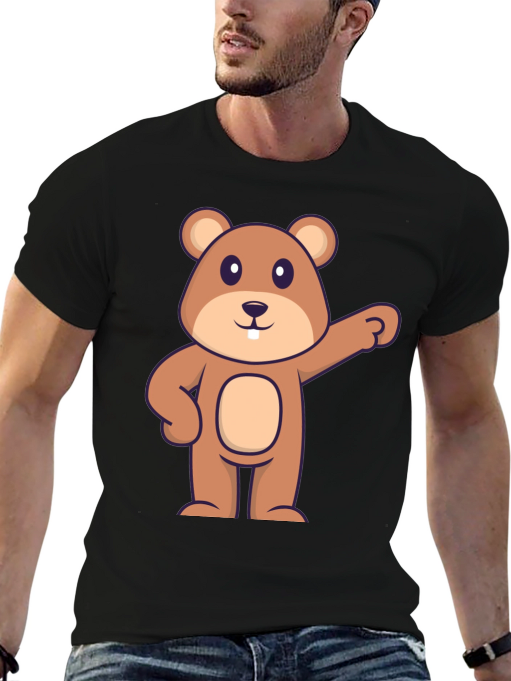 Cartoon Beaver Graphic Tee - Black Cotton