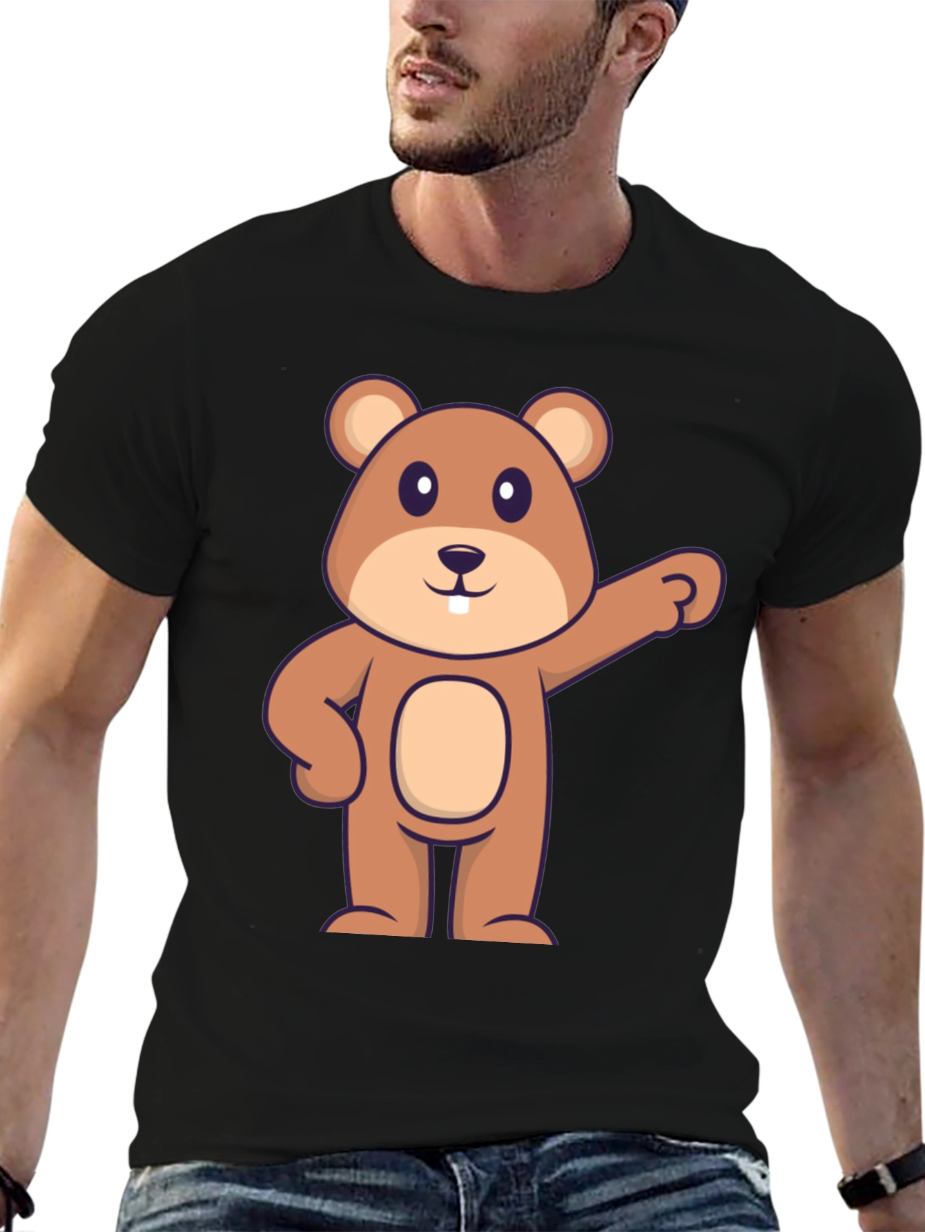 Cartoon Beaver Graphic Tee - Black Cotton