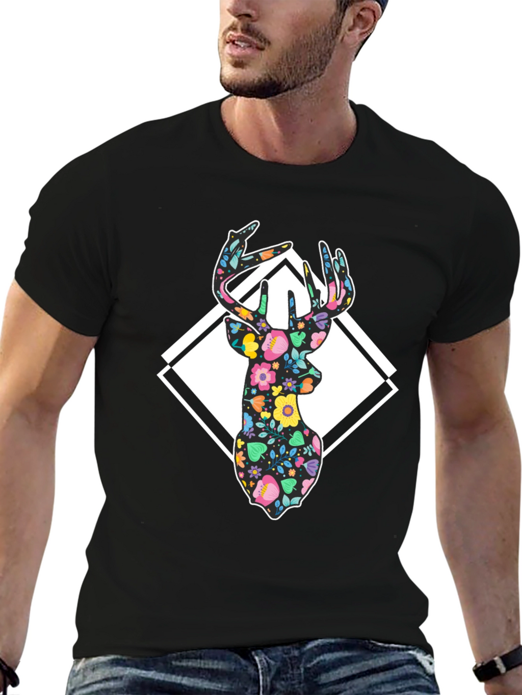 Floral Deer Graphic Tee - Black Cotton Blend