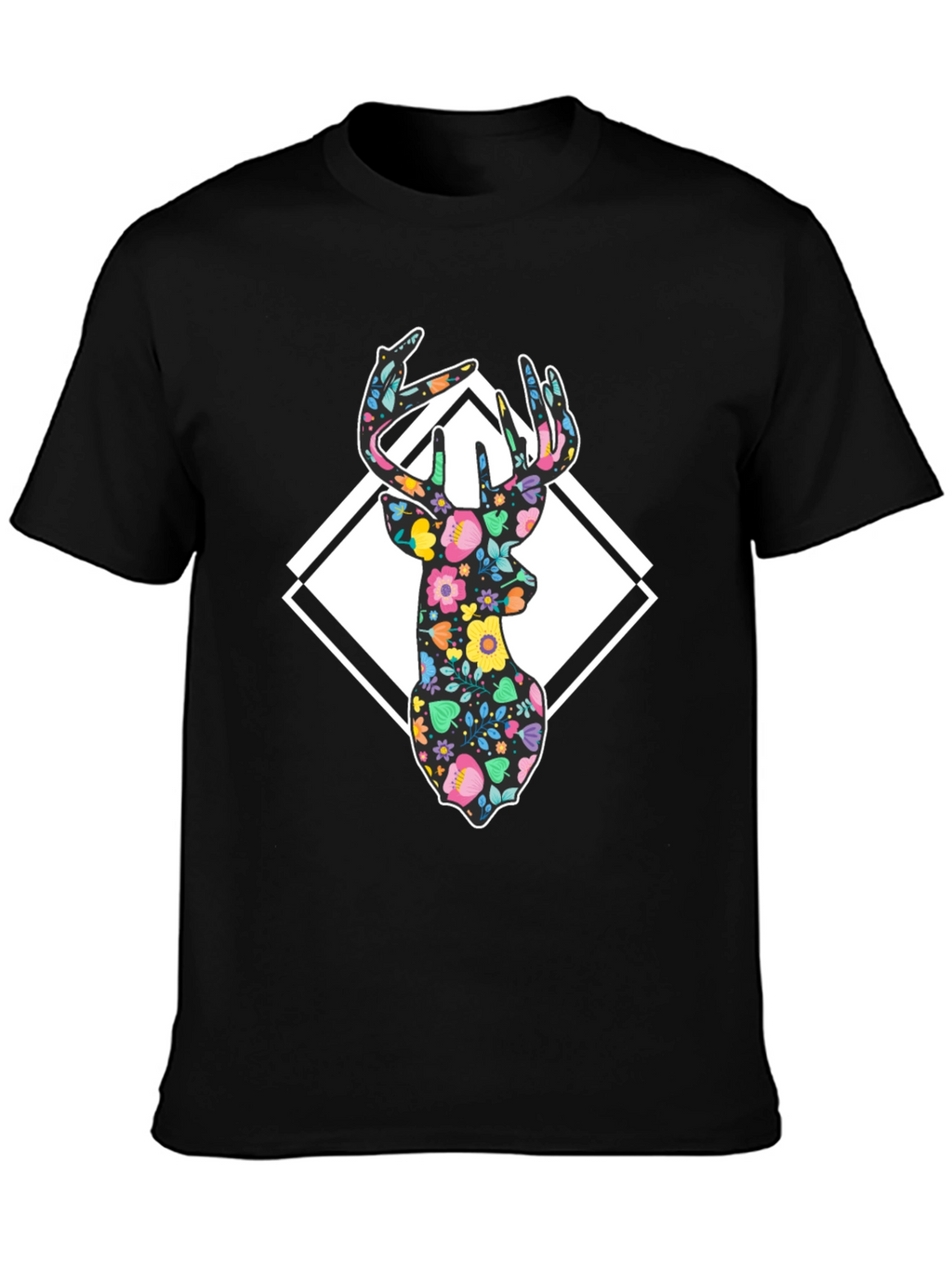 Floral Deer Graphic Tee - Black Cotton Blend