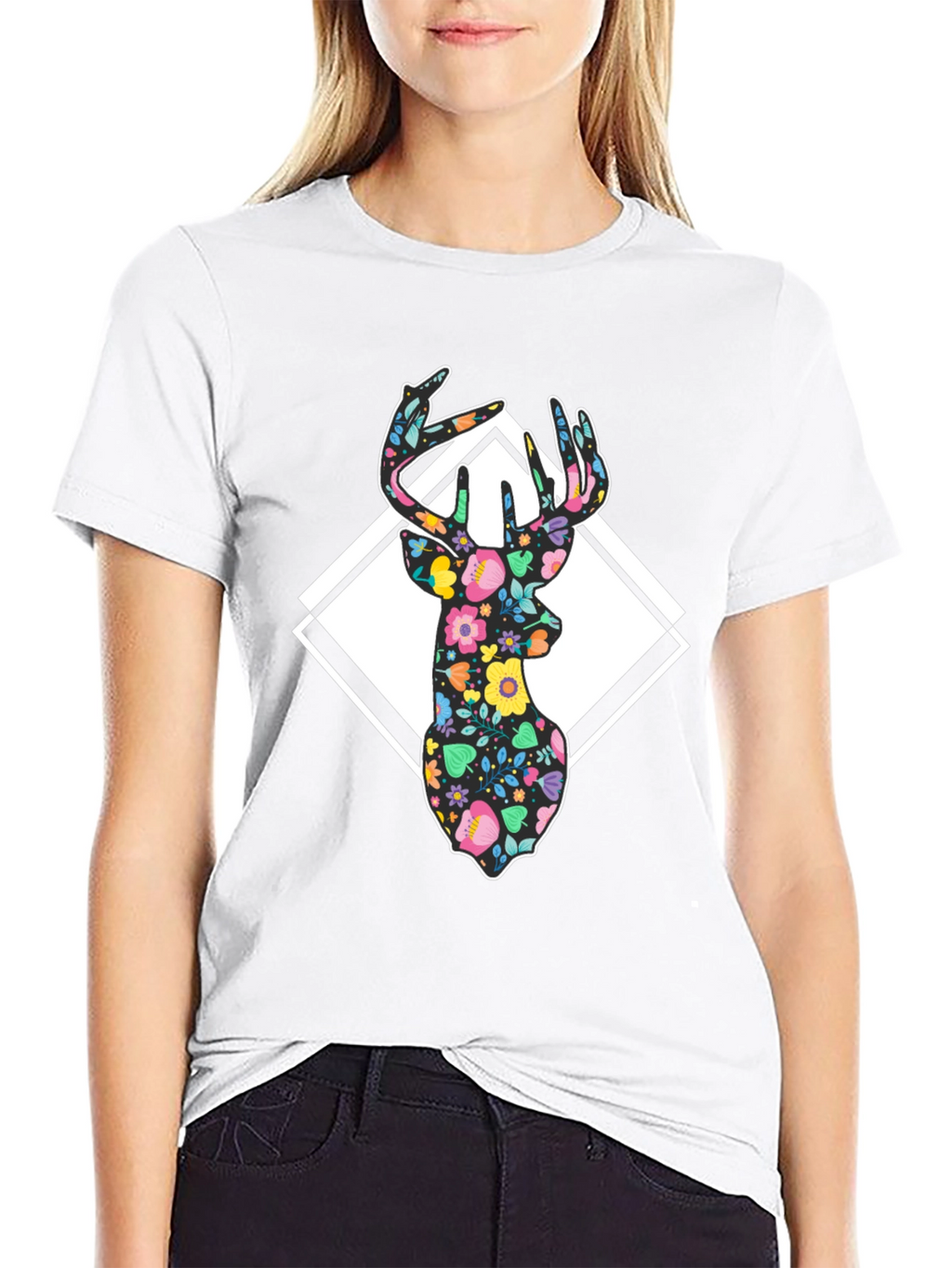 Floral Deer Graphic Tee - Black Cotton Blend