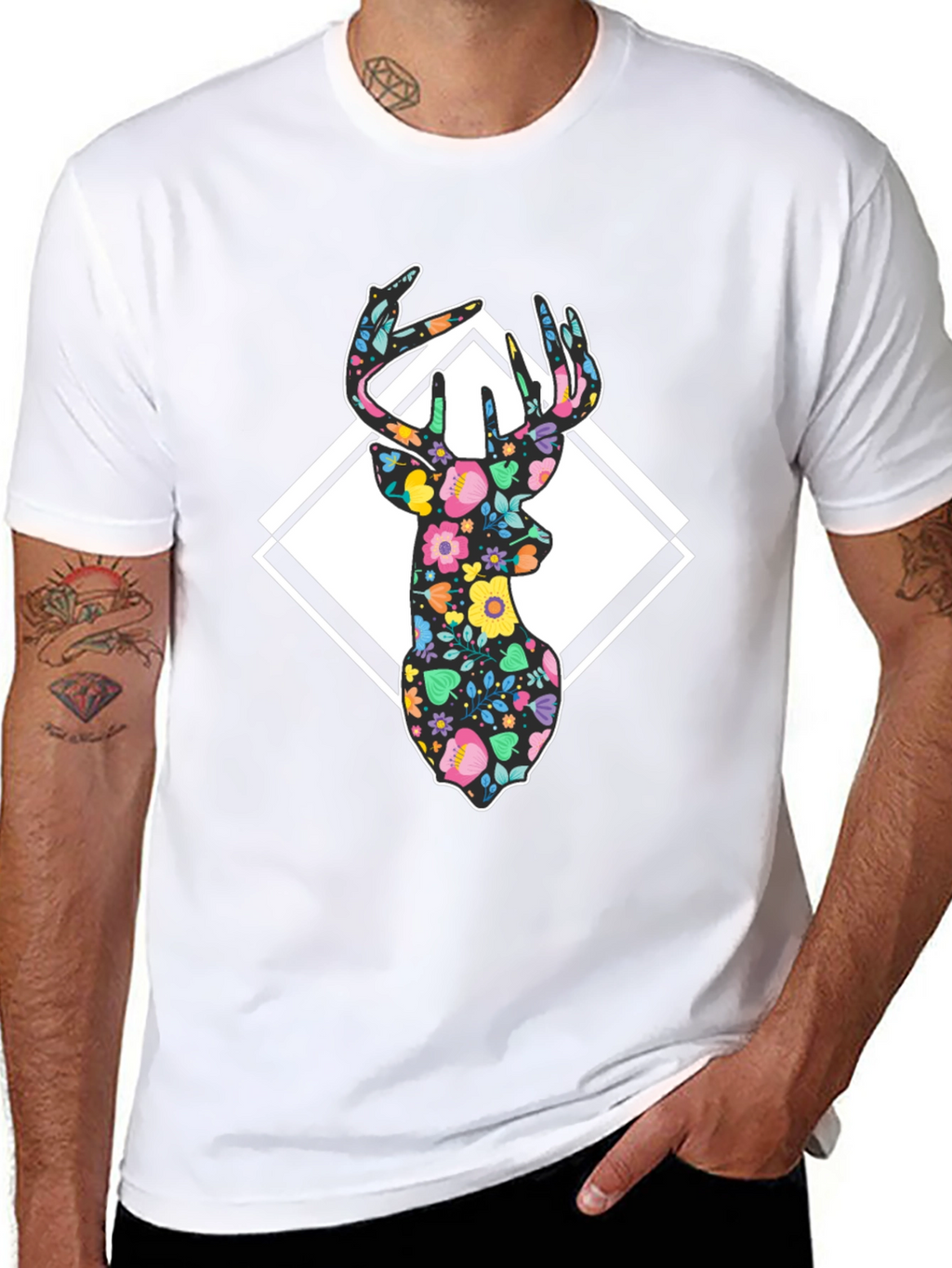 Floral Deer Graphic Tee - Black Cotton Blend
