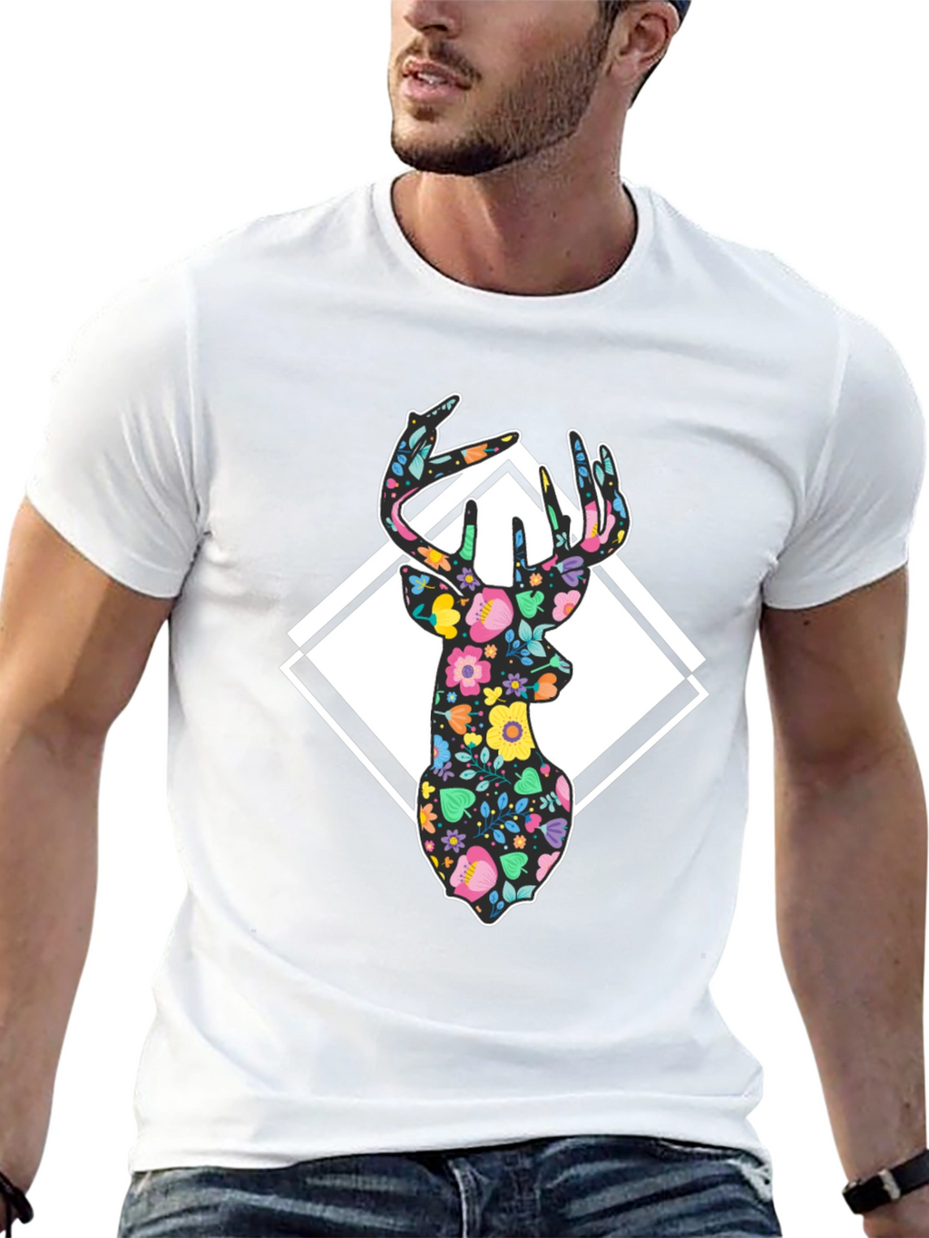 Floral Deer Graphic Tee - Black Cotton Blend
