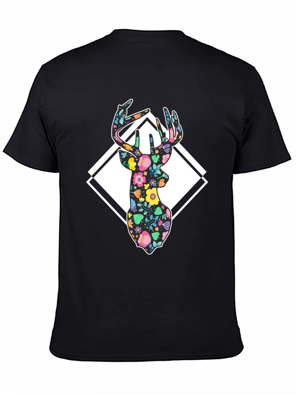 Floral Deer Graphic Tee - Black Cotton Blend
