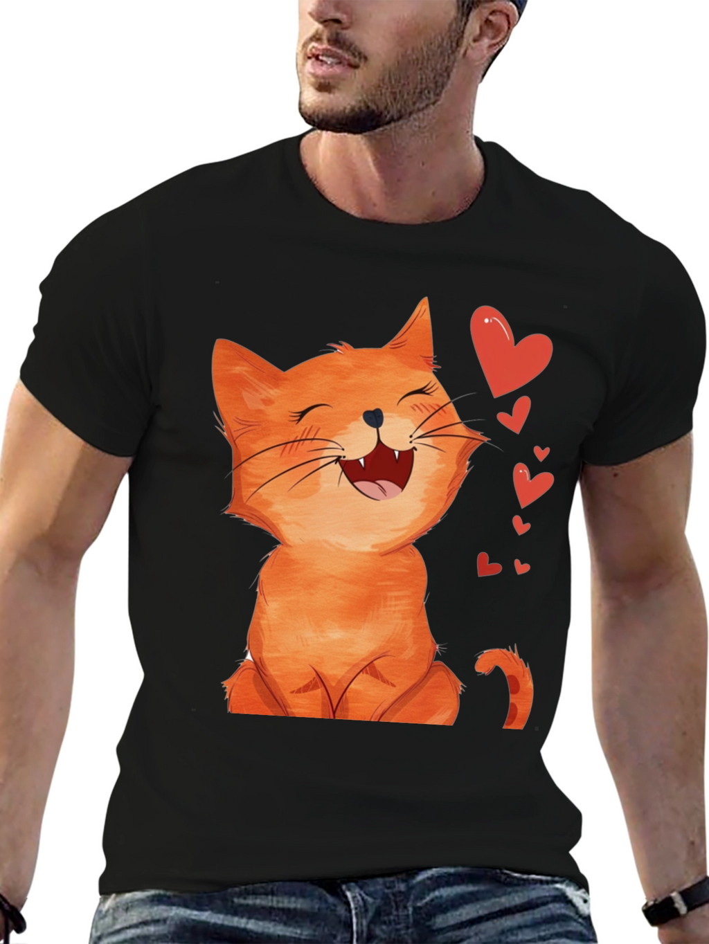 Cute Cartoon Cat Black T-Shirt