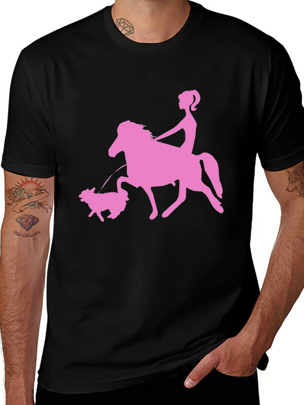 Pink Horse Riding Graphic Black T-Shirt