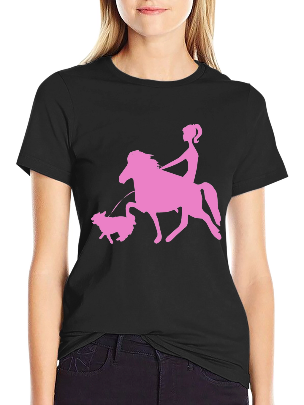 Pink Horse Riding Graphic Black T-Shirt