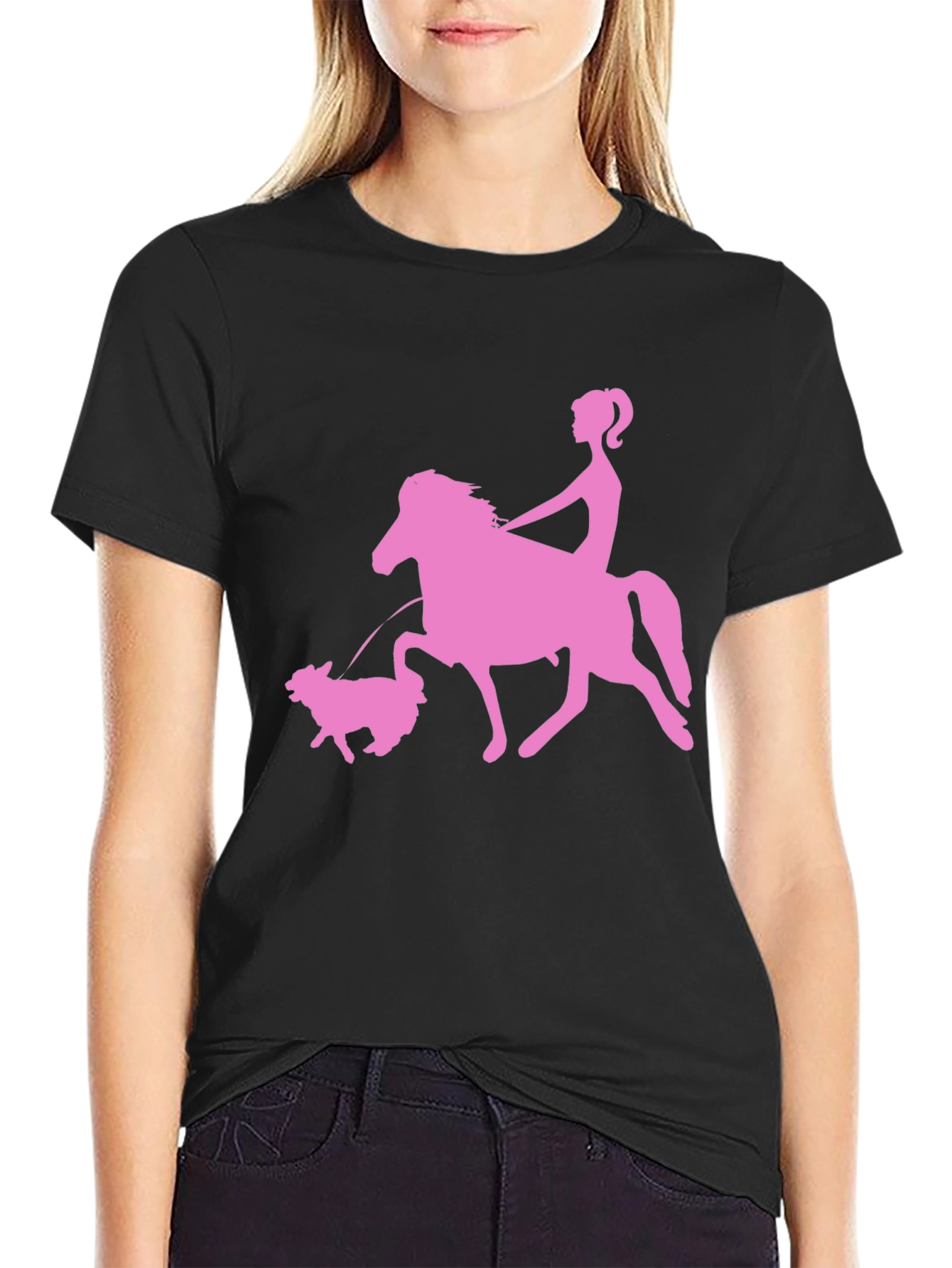 Pink Horse Riding Graphic Black T-Shirt