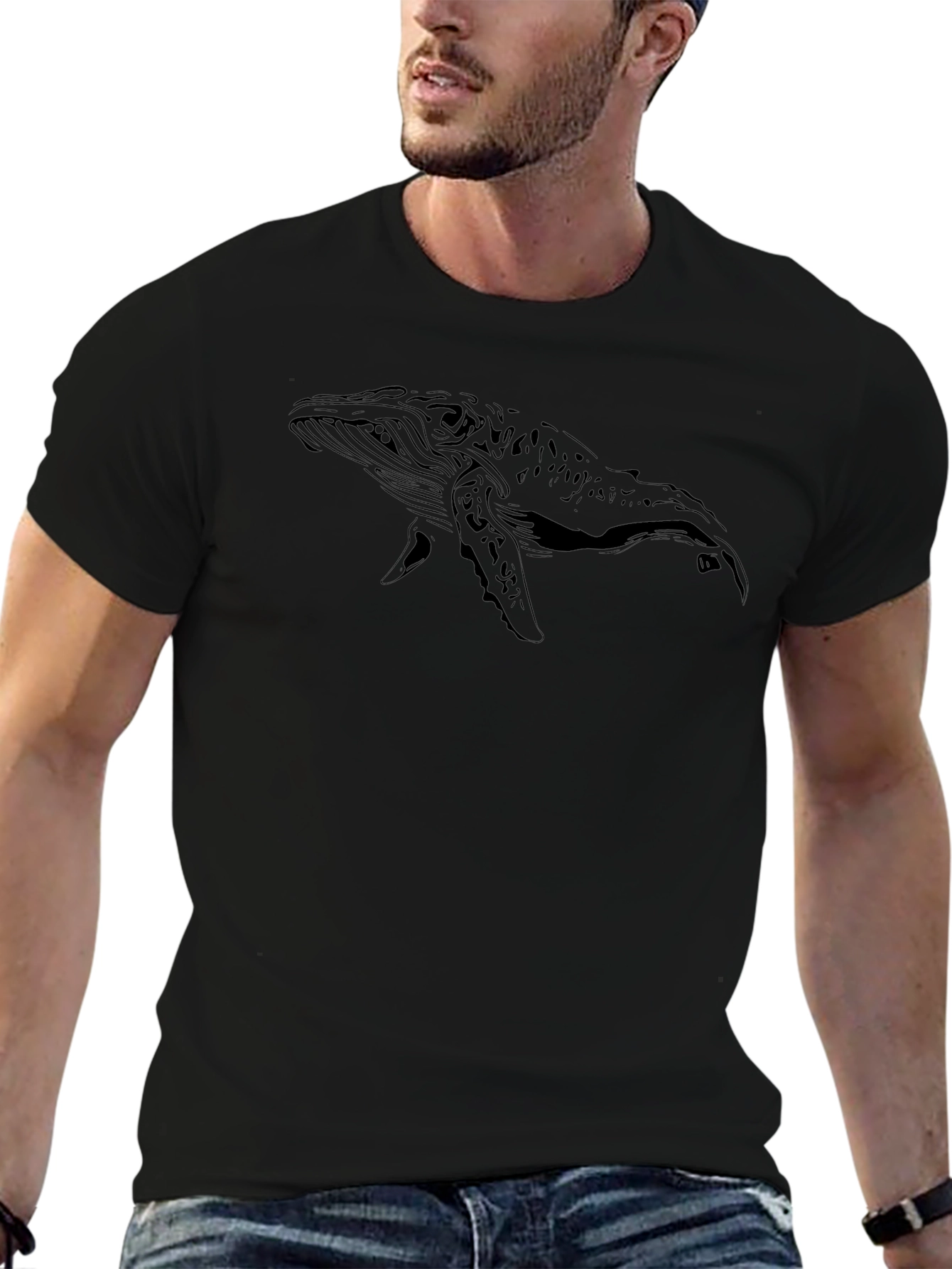 Whale Graphic Black T-Shirt - Classic Crew Neck Tee