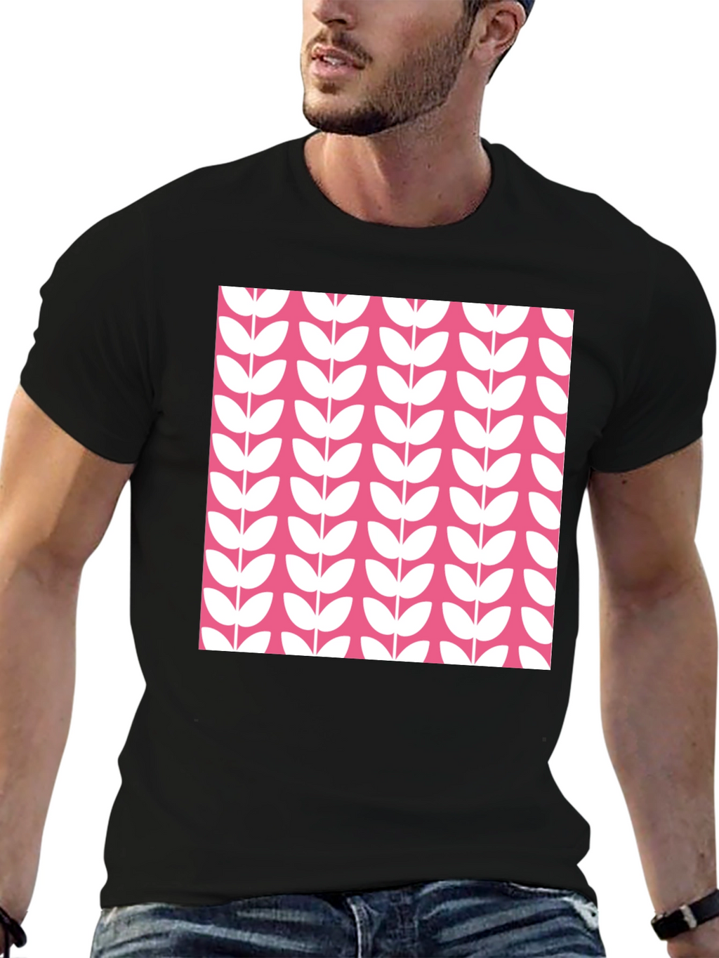 Modern Floral Print Black T-Shirt