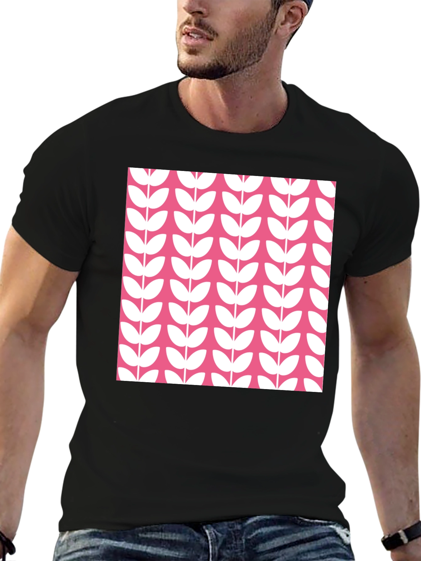 Modern Floral Print Black T-Shirt