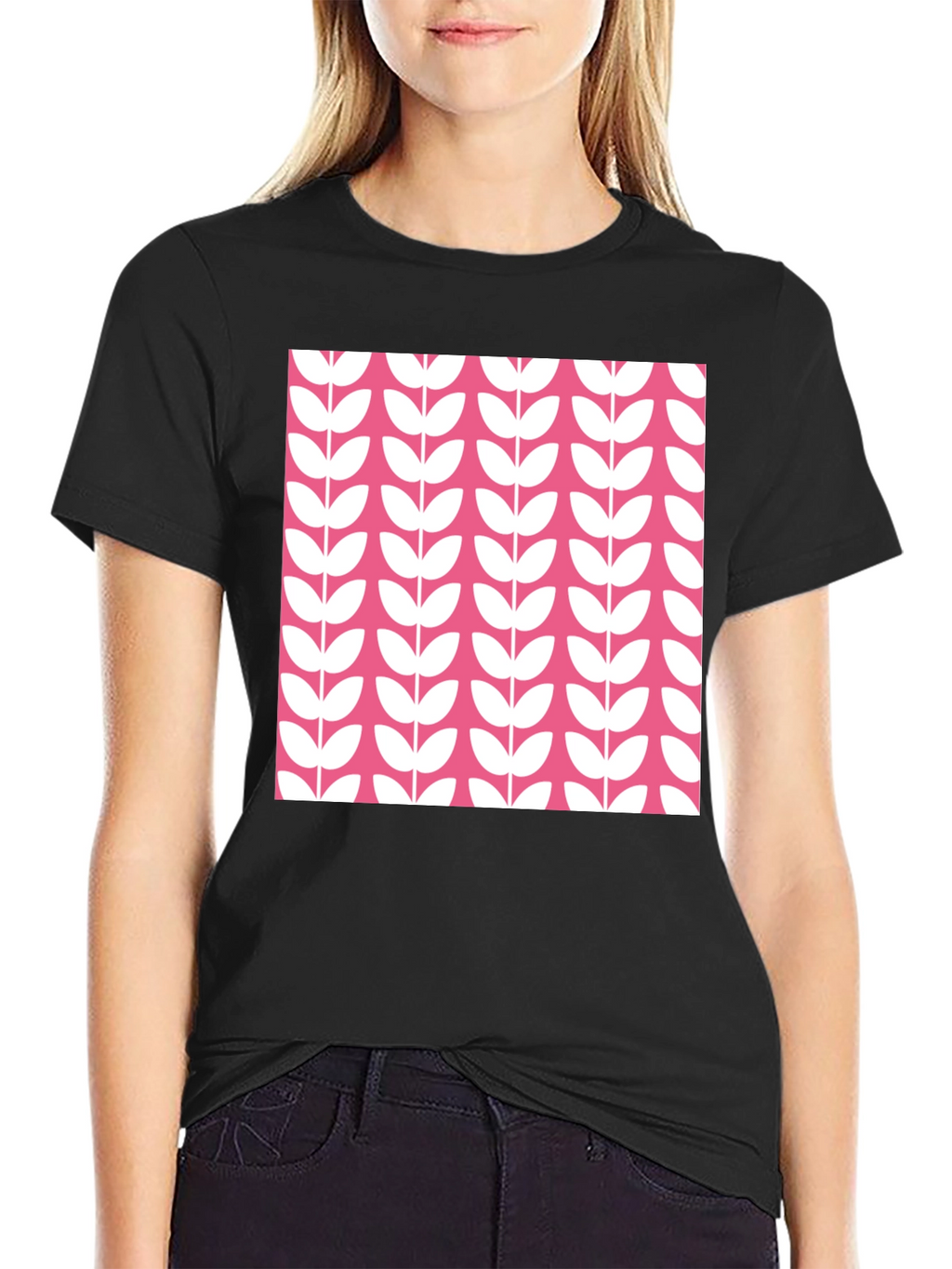 Modern Floral Print Black T-Shirt