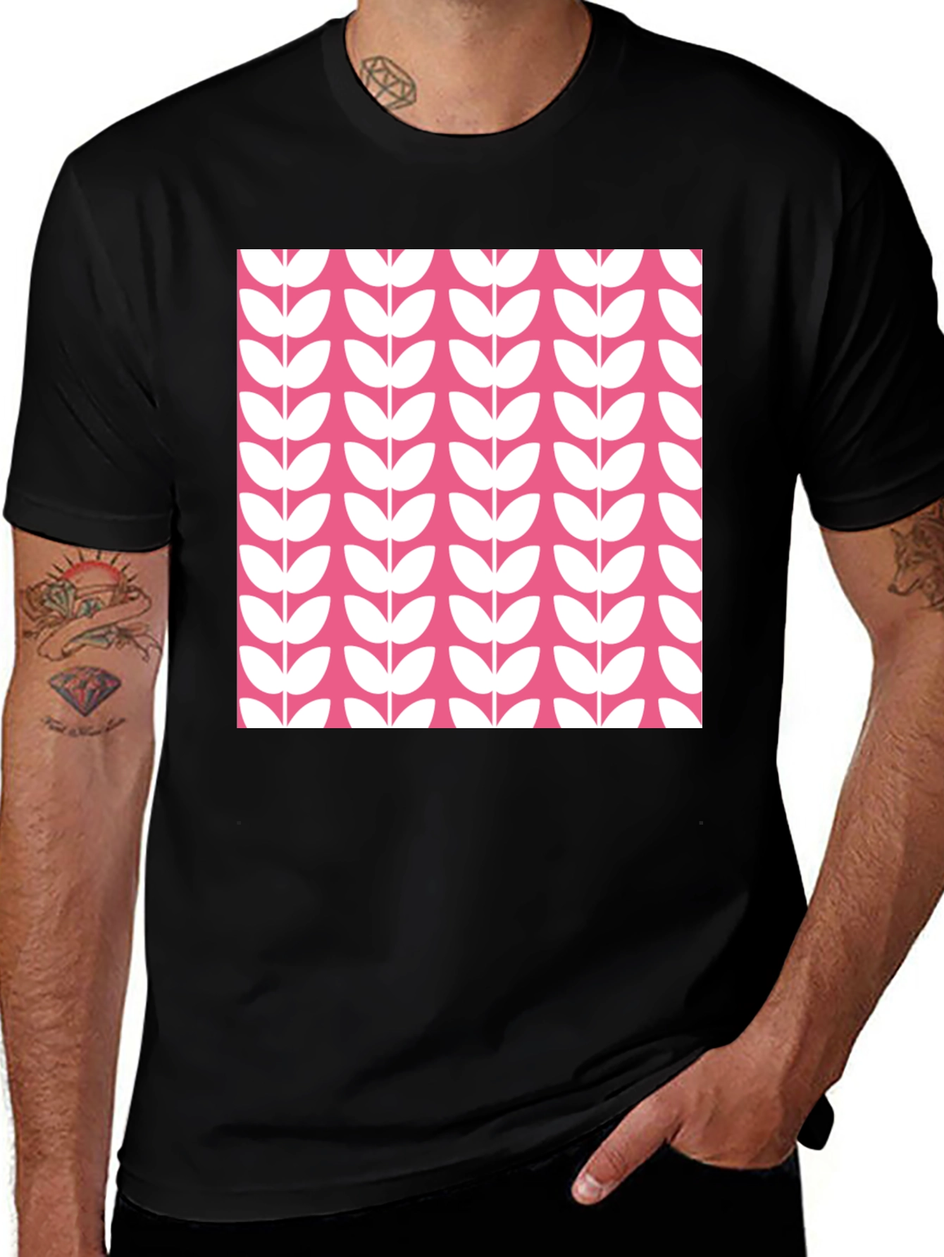 Modern Floral Print Black T-Shirt
