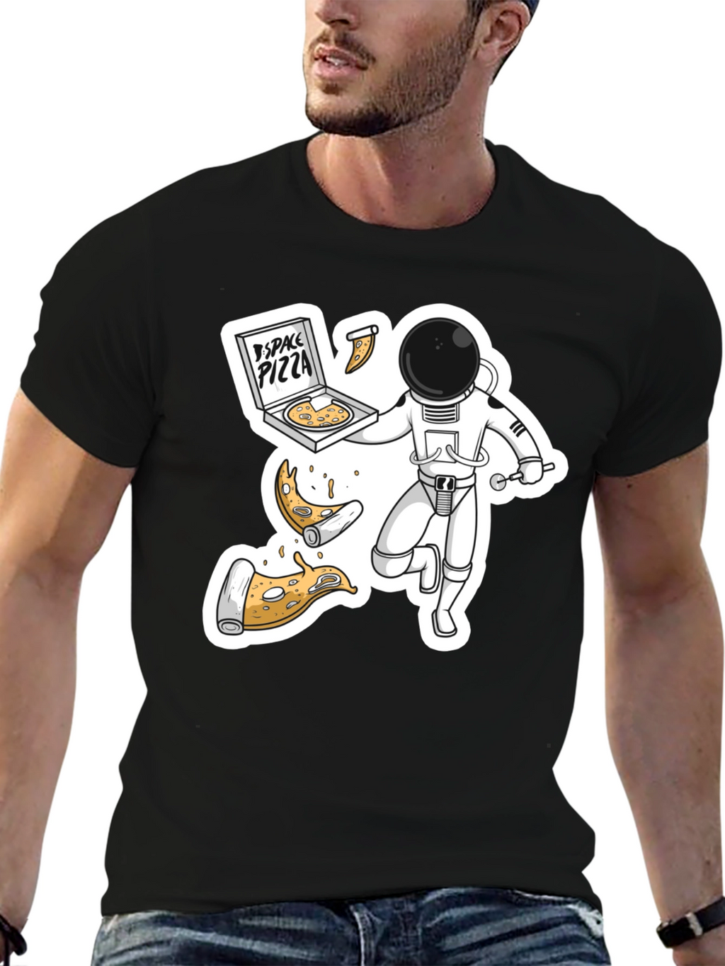 Space Pizza Black T-Shirt - Astronaut Delivery!