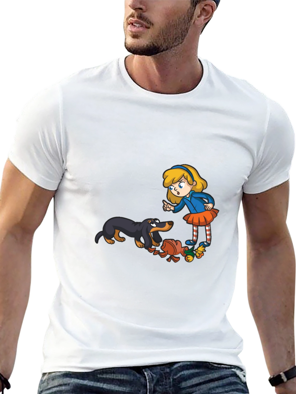 Cartoon Girl & Dog Graphic Black T-Shirt