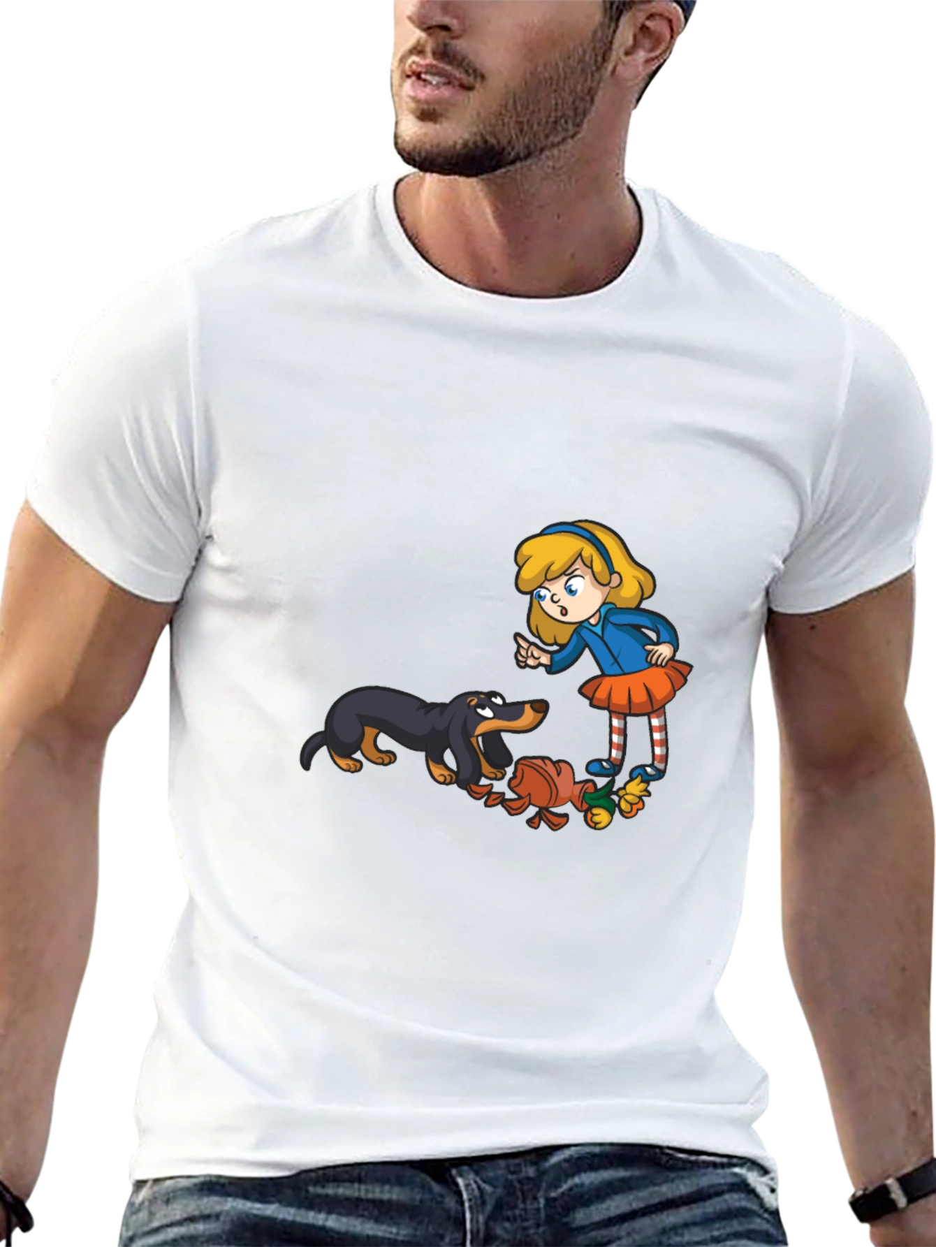 Cartoon Girl & Dog Graphic Black T-Shirt