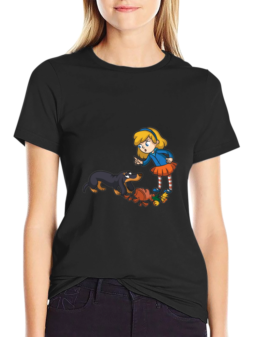Cartoon Girl & Dog Graphic Black T-Shirt