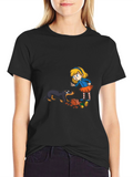 Cartoon Girl & Dog Graphic Black T-Shirt