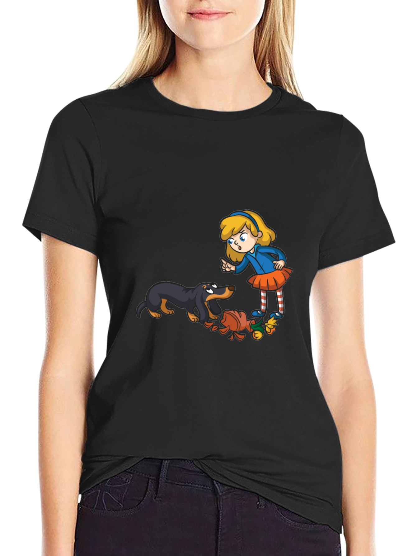 Cartoon Girl & Dog Graphic Black T-Shirt