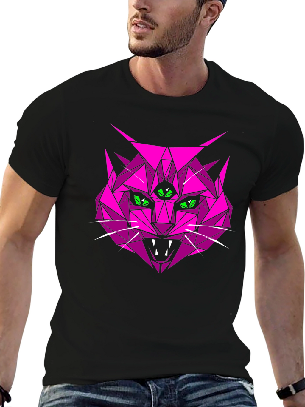 Geometric Pink Cat Graphic T-Shirt