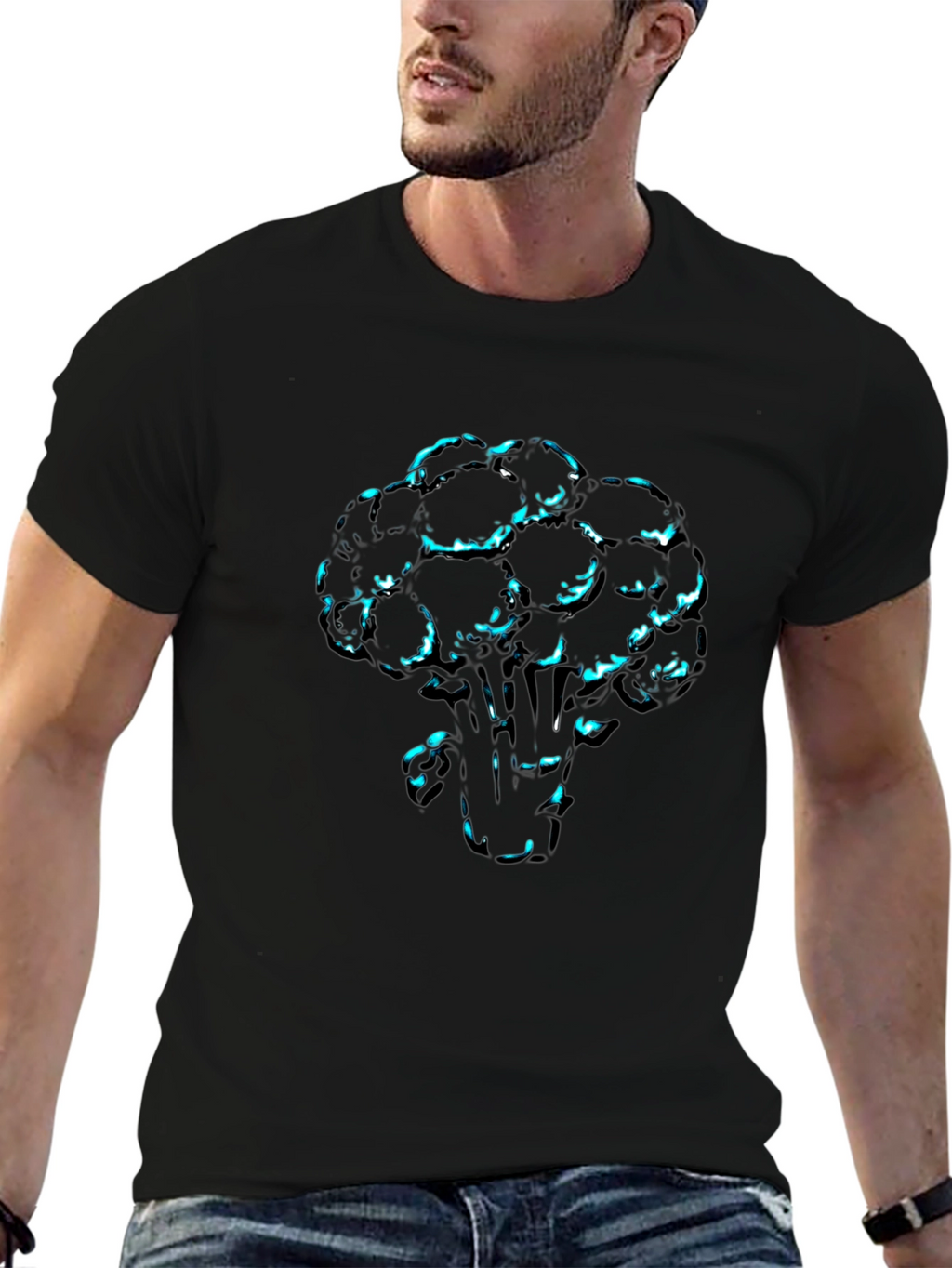 Mens Black T-Shirt with Broccoli Print
