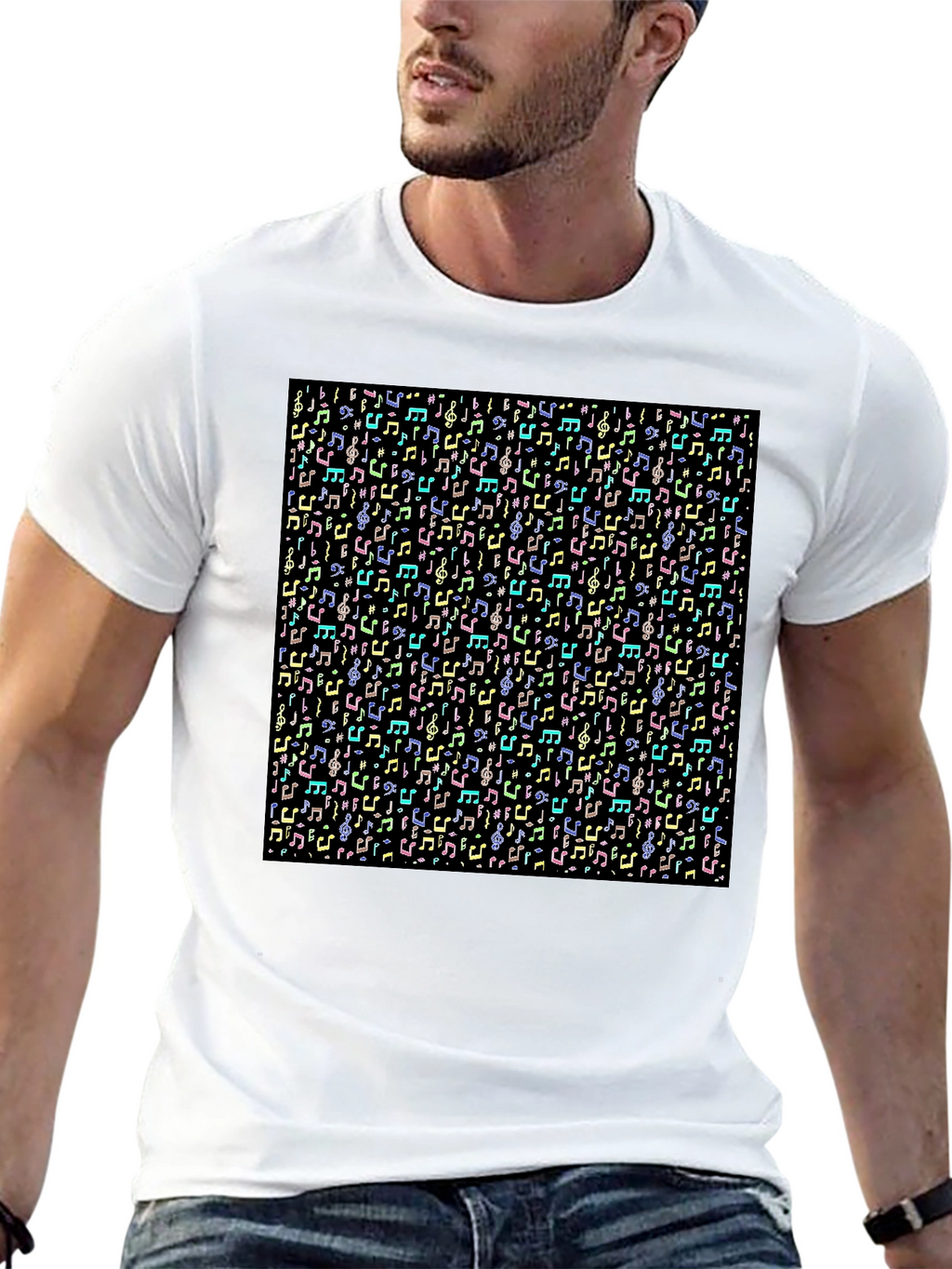 Musical Notes Pattern T-Shirt - Black
