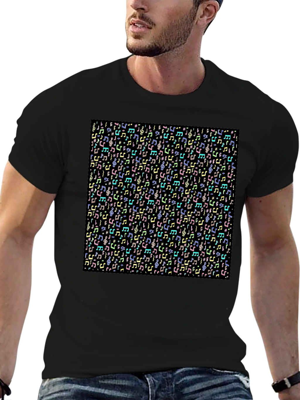 Musical Notes Pattern T-Shirt - Black