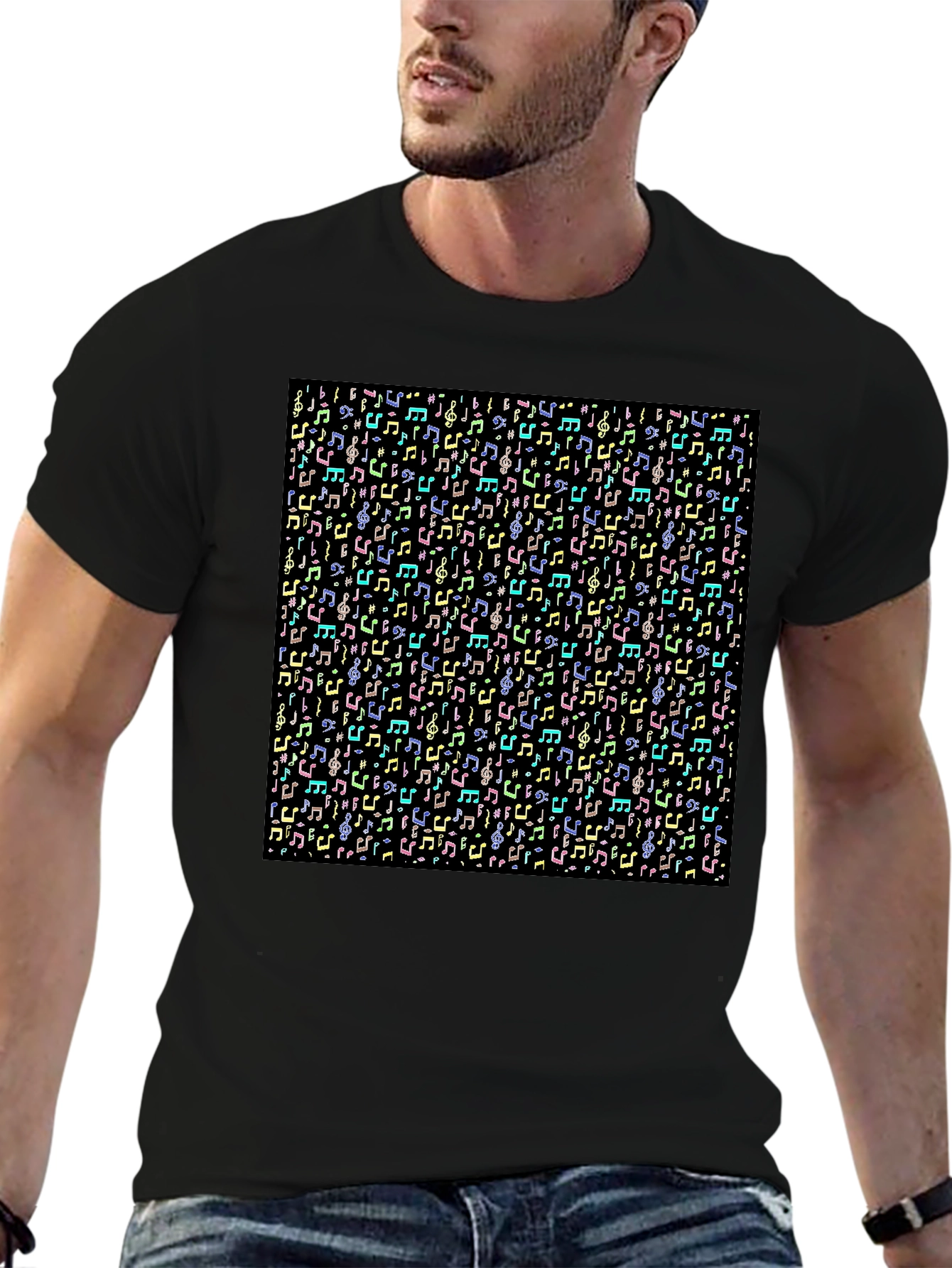 Musical Notes Pattern T-Shirt - Black