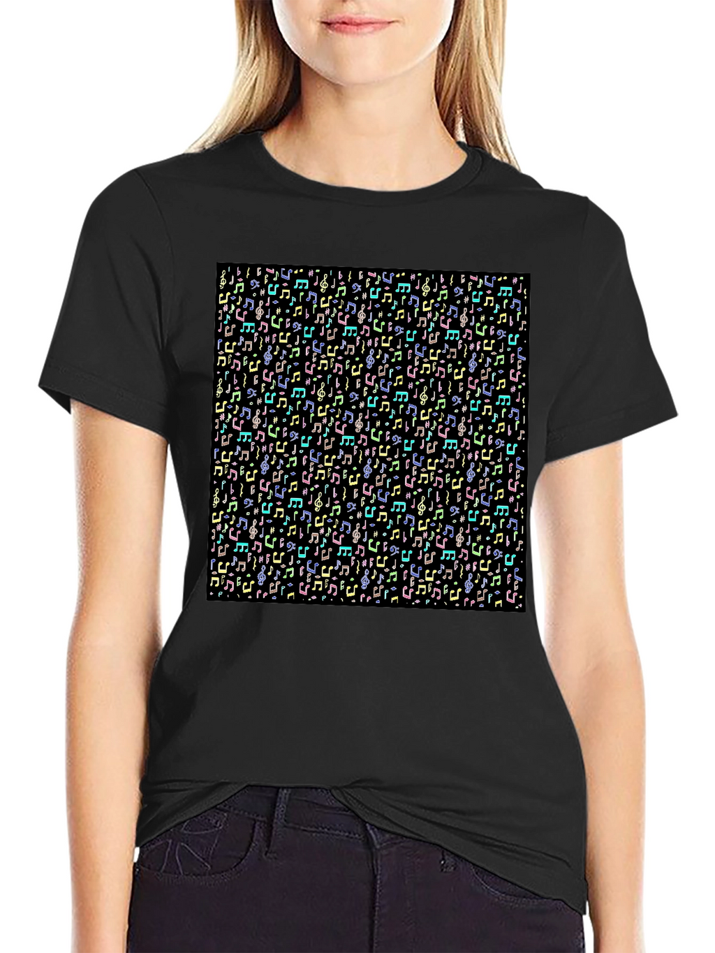 Musical Notes Pattern T-Shirt - Black