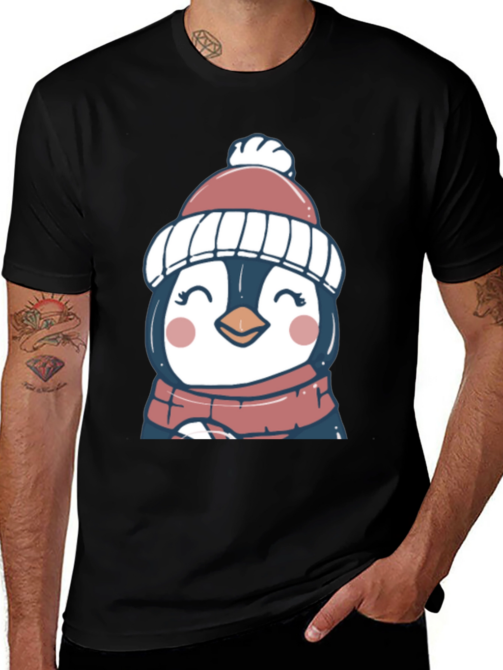 Cute Winter Penguin Graphic Tee - Soft Black T-Shirt