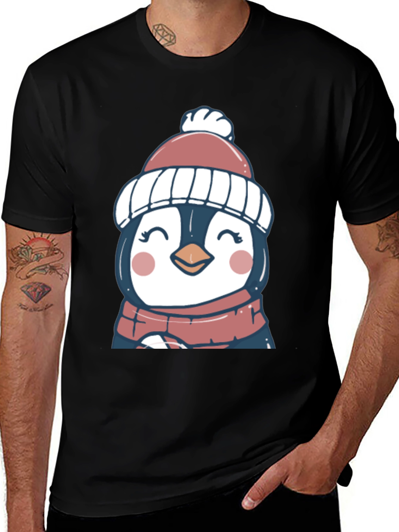 Cute Winter Penguin Graphic Tee - Soft Black T-Shirt