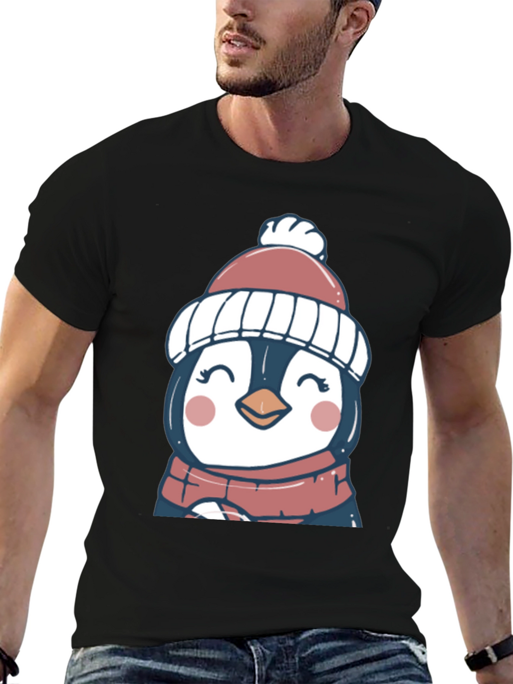 Cute Winter Penguin Graphic Tee - Soft Black T-Shirt