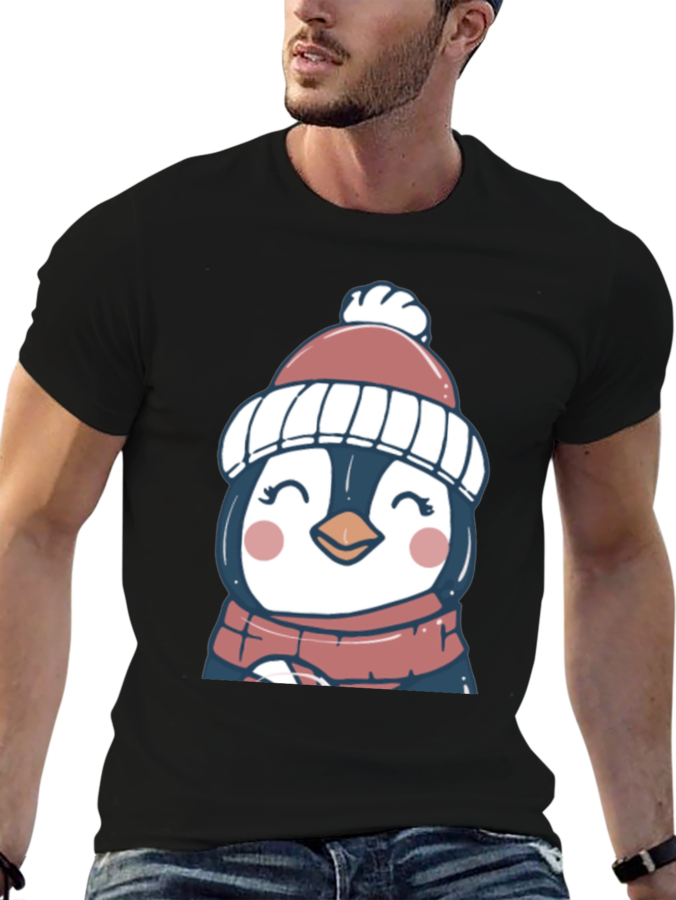 Cute Winter Penguin Graphic Tee - Soft Black T-Shirt
