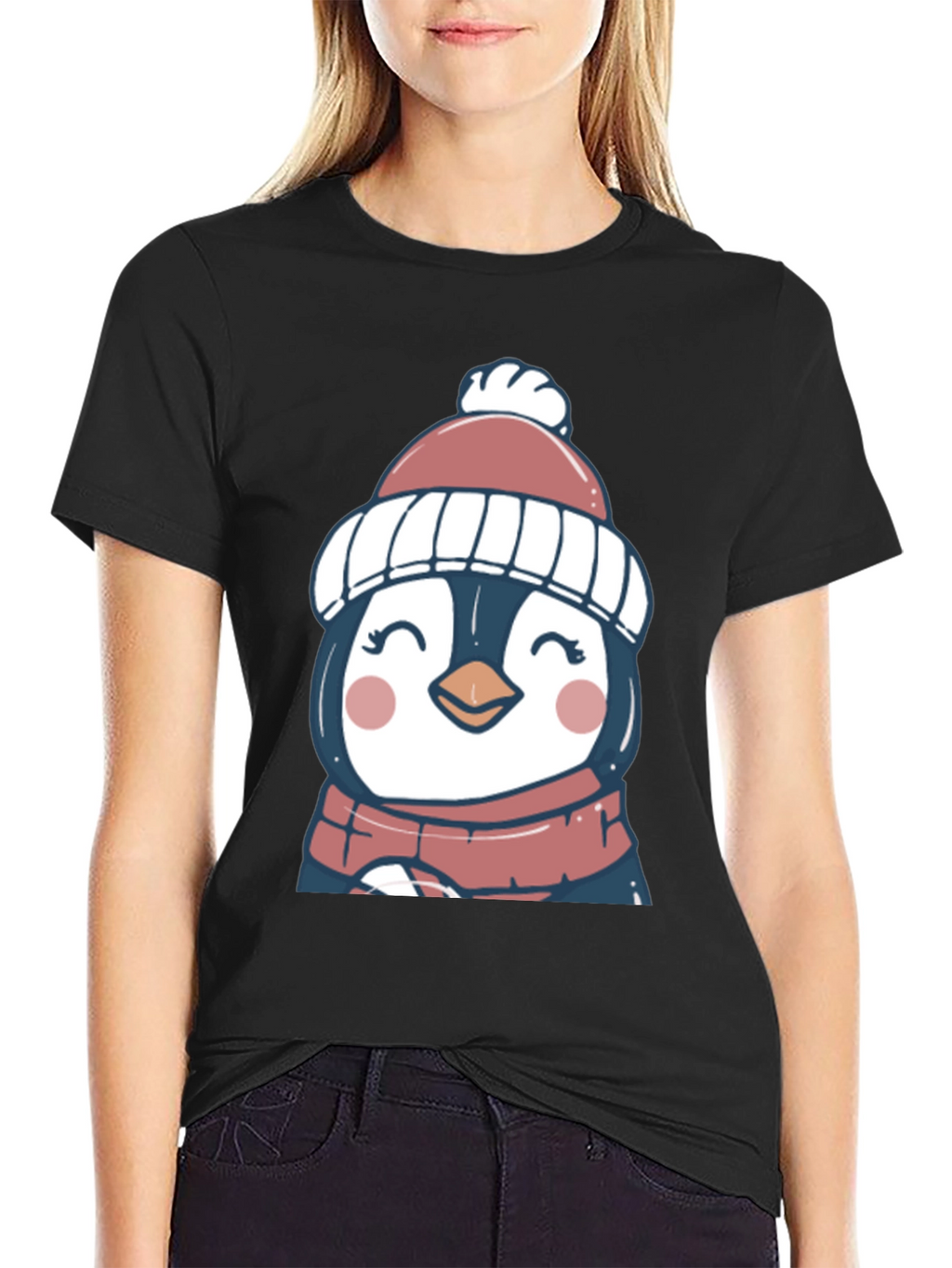 Cute Winter Penguin Graphic Tee - Soft Black T-Shirt