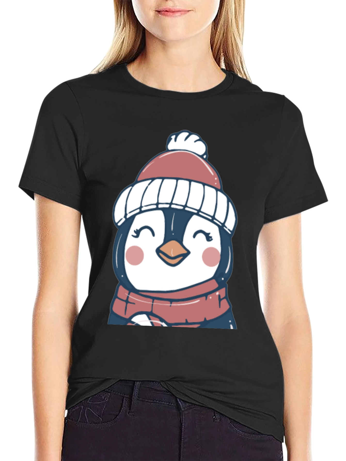 Cute Winter Penguin Graphic Tee - Soft Black T-Shirt