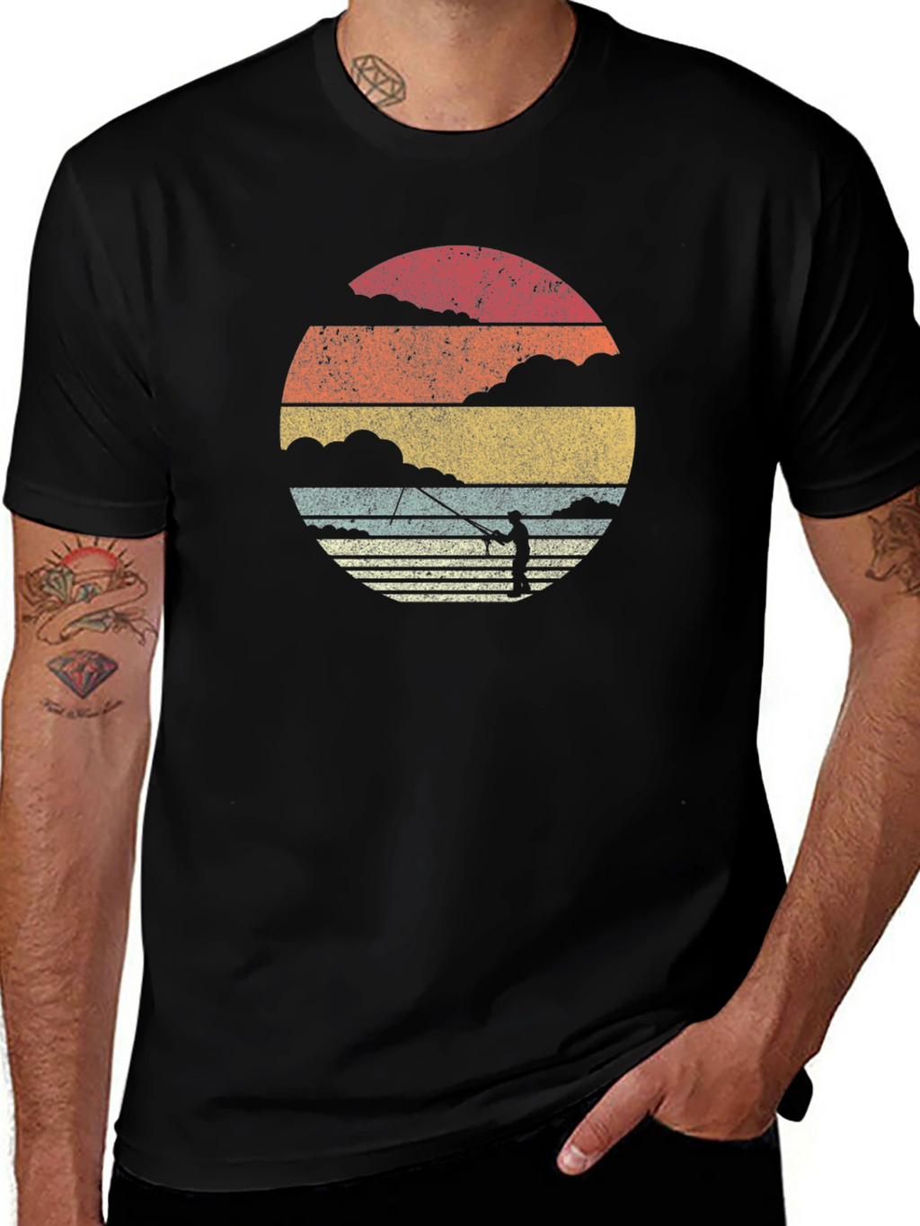 Retro Fishing T-Shirt - Sunset Fisherman Tee