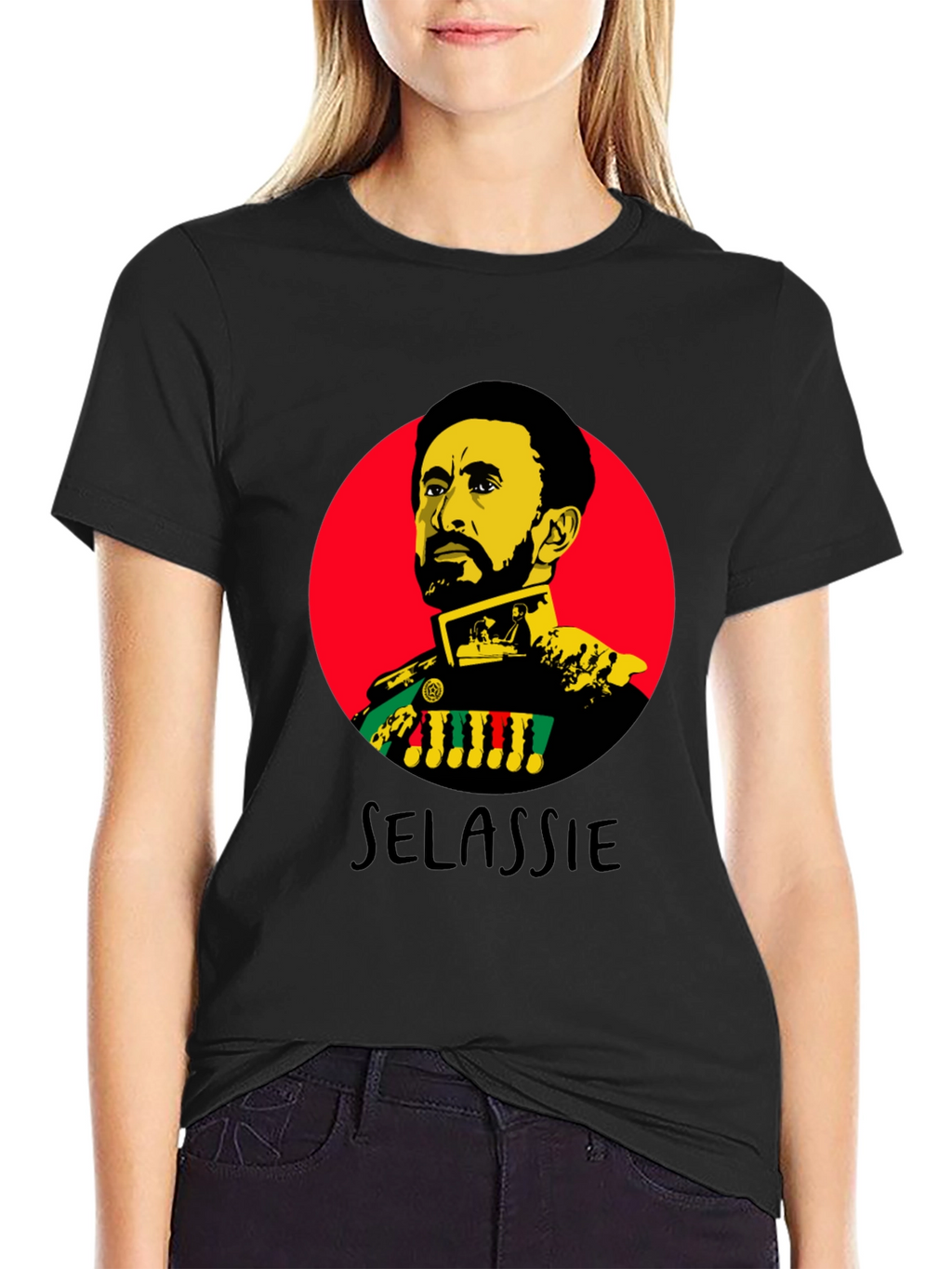 Haile Selassie Portrait Graphic Black T-Shirt
