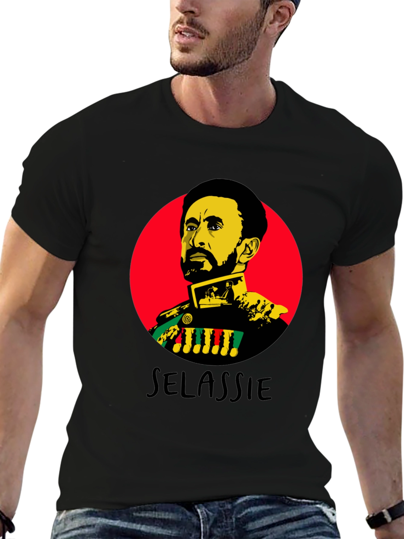 Haile Selassie Portrait Graphic Black T-Shirt