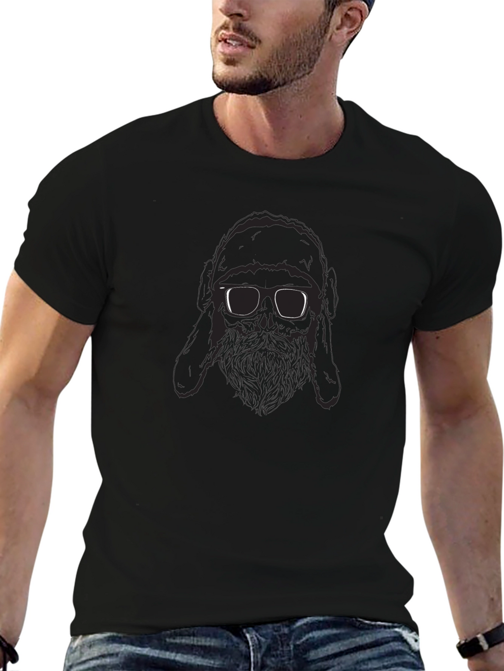Black T-Shirt with Bearded Figure Graphic