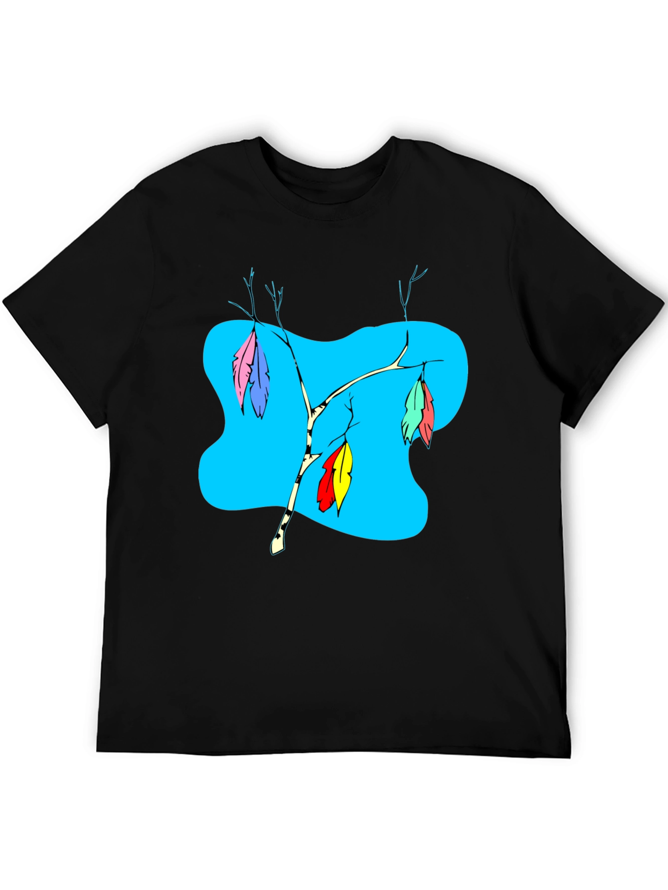 Black T-Shirt with Colorful Feather Branch Design