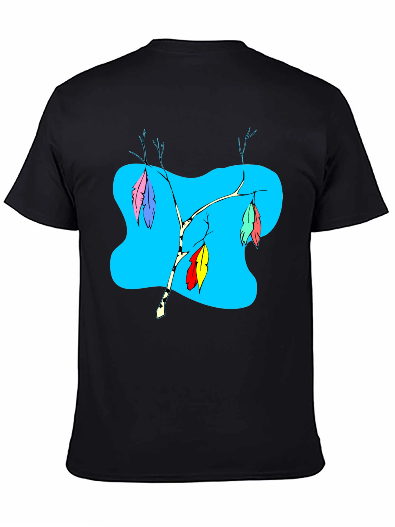 Black T-Shirt with Colorful Feather Branch Design