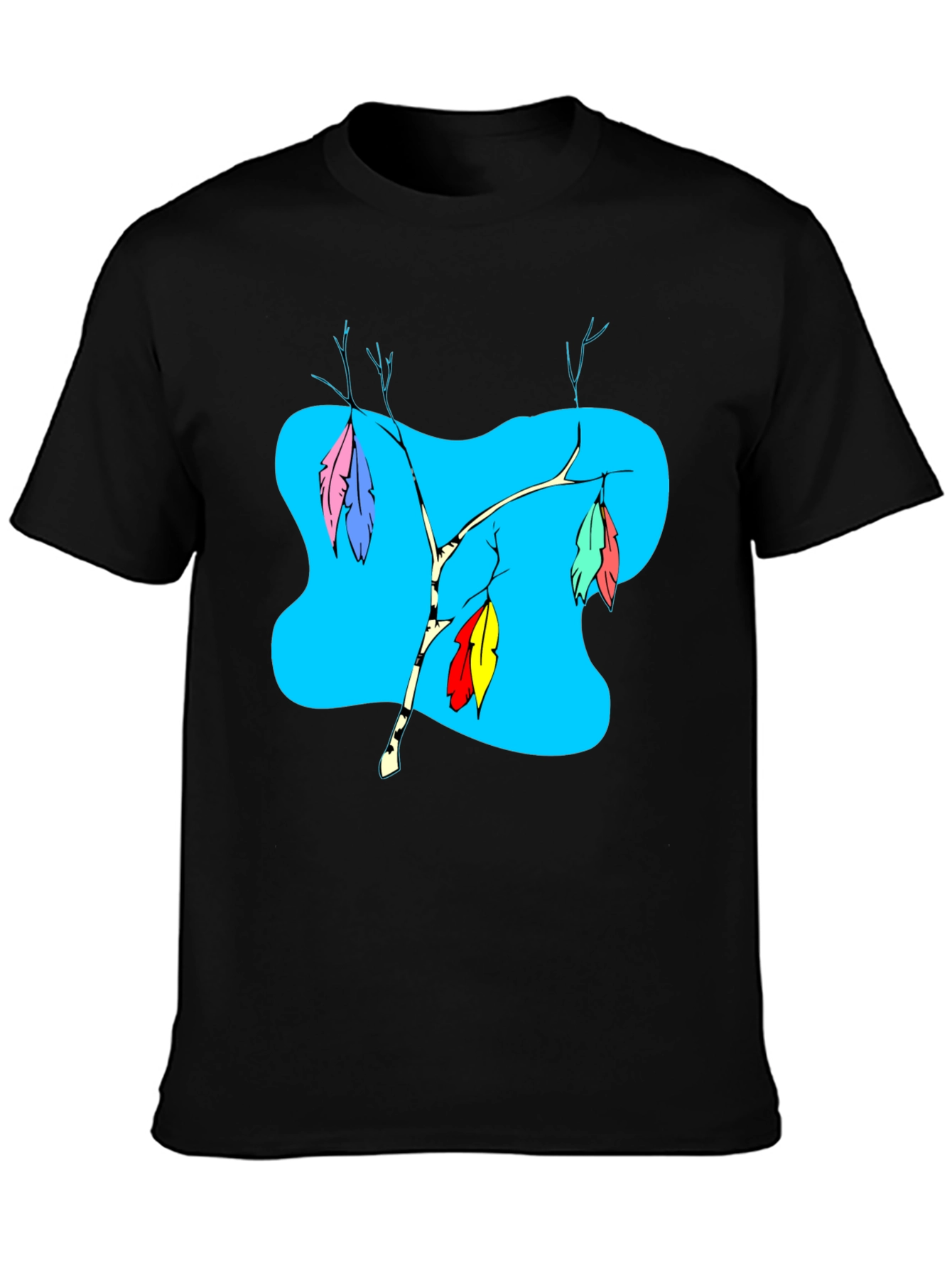 Black T-Shirt with Colorful Feather Branch Design