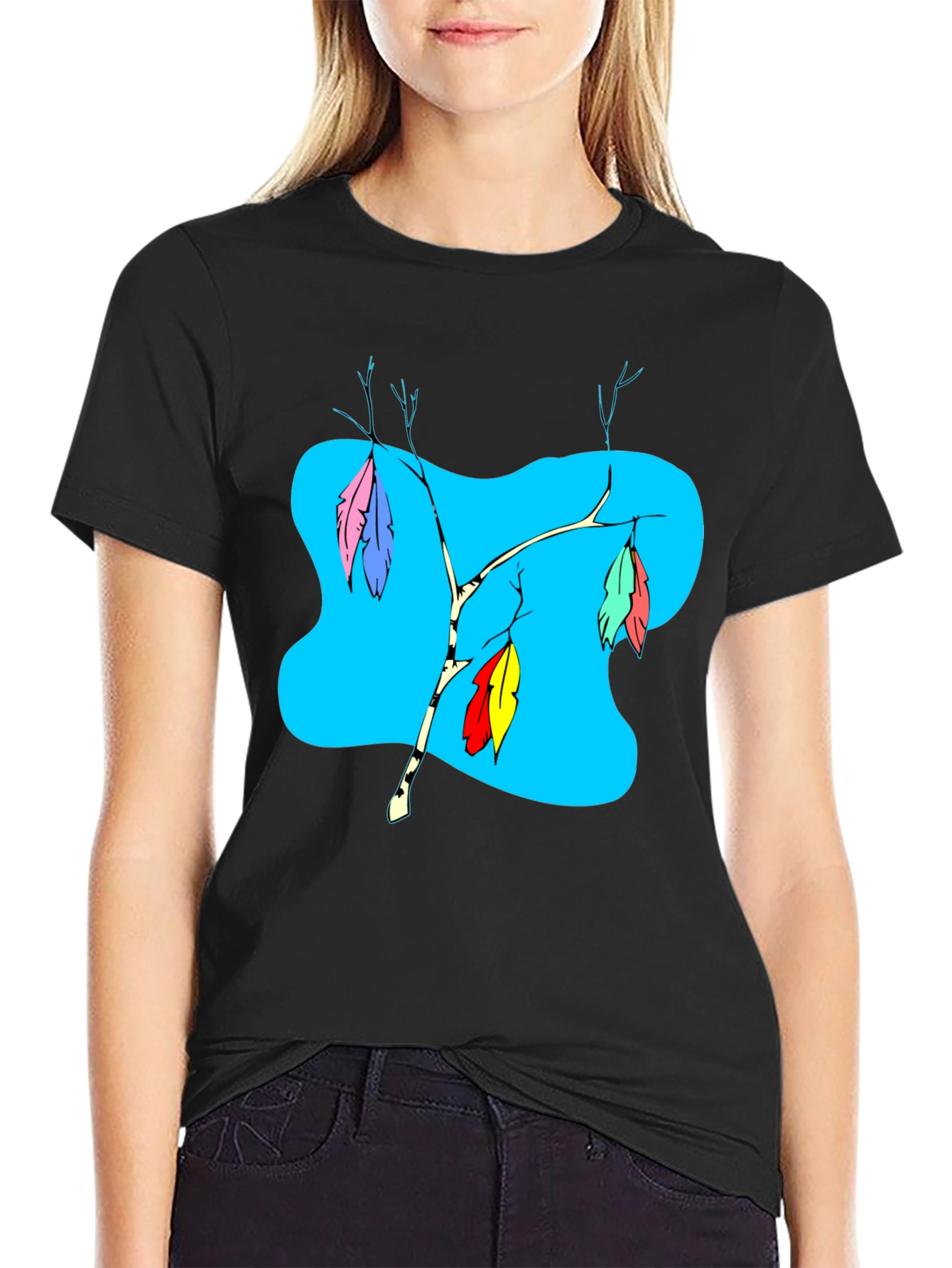 Black T-Shirt with Colorful Feather Branch Design