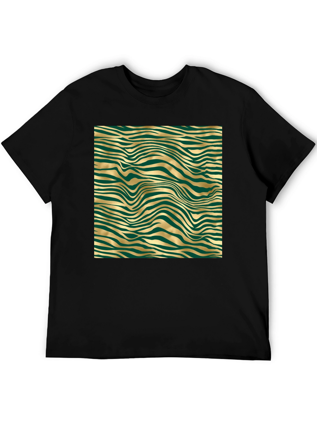 Stylish Black Tee with Abstract Gold and Green Pattern