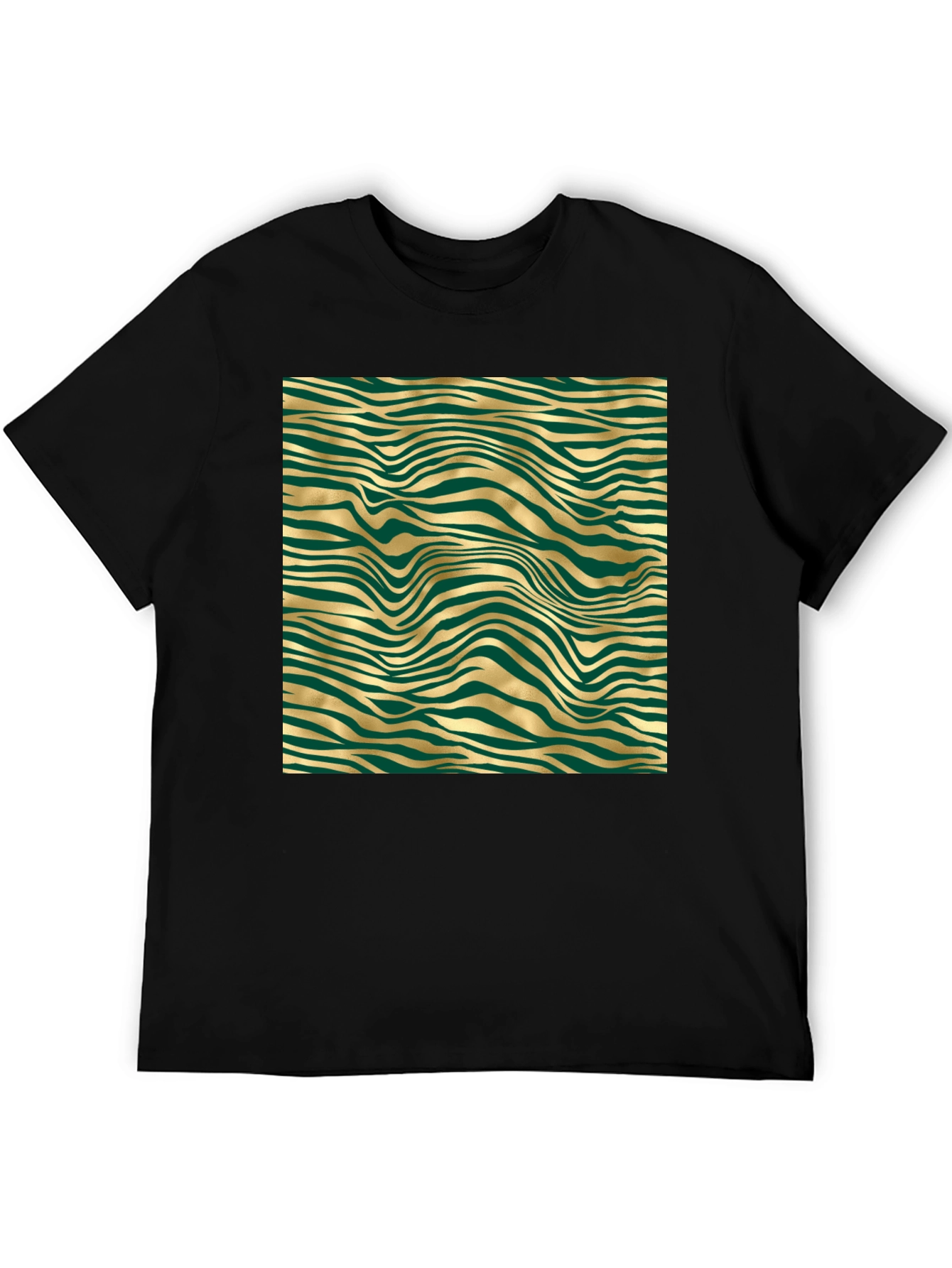 Stylish Black Tee with Abstract Gold and Green Pattern