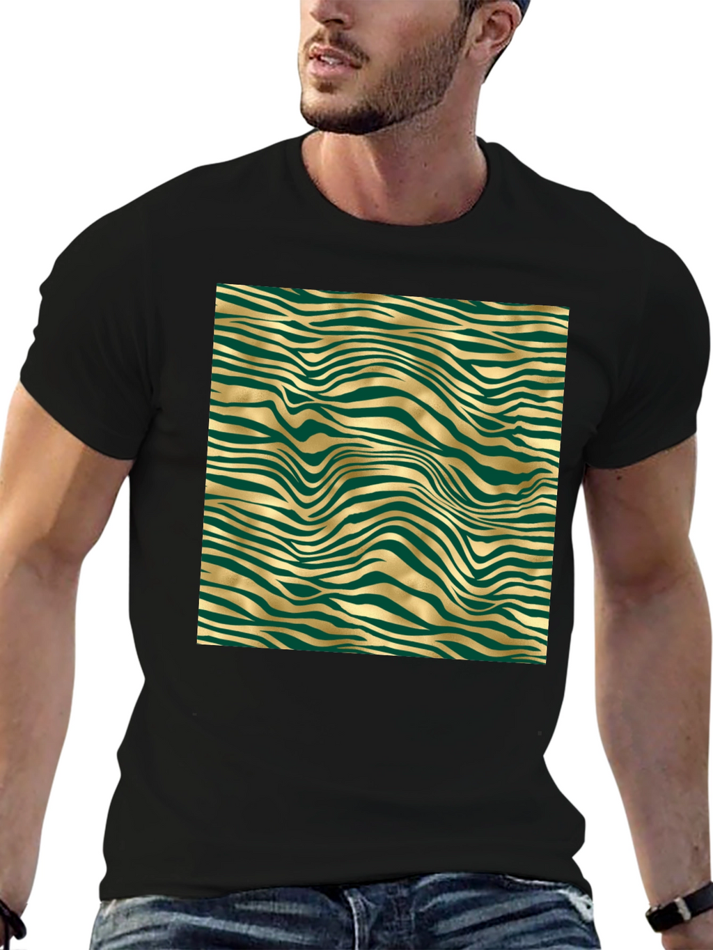 Stylish Black Tee with Abstract Gold and Green Pattern