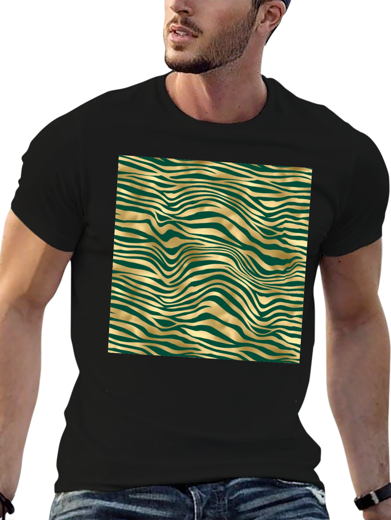 Stylish Black Tee with Abstract Gold and Green Pattern