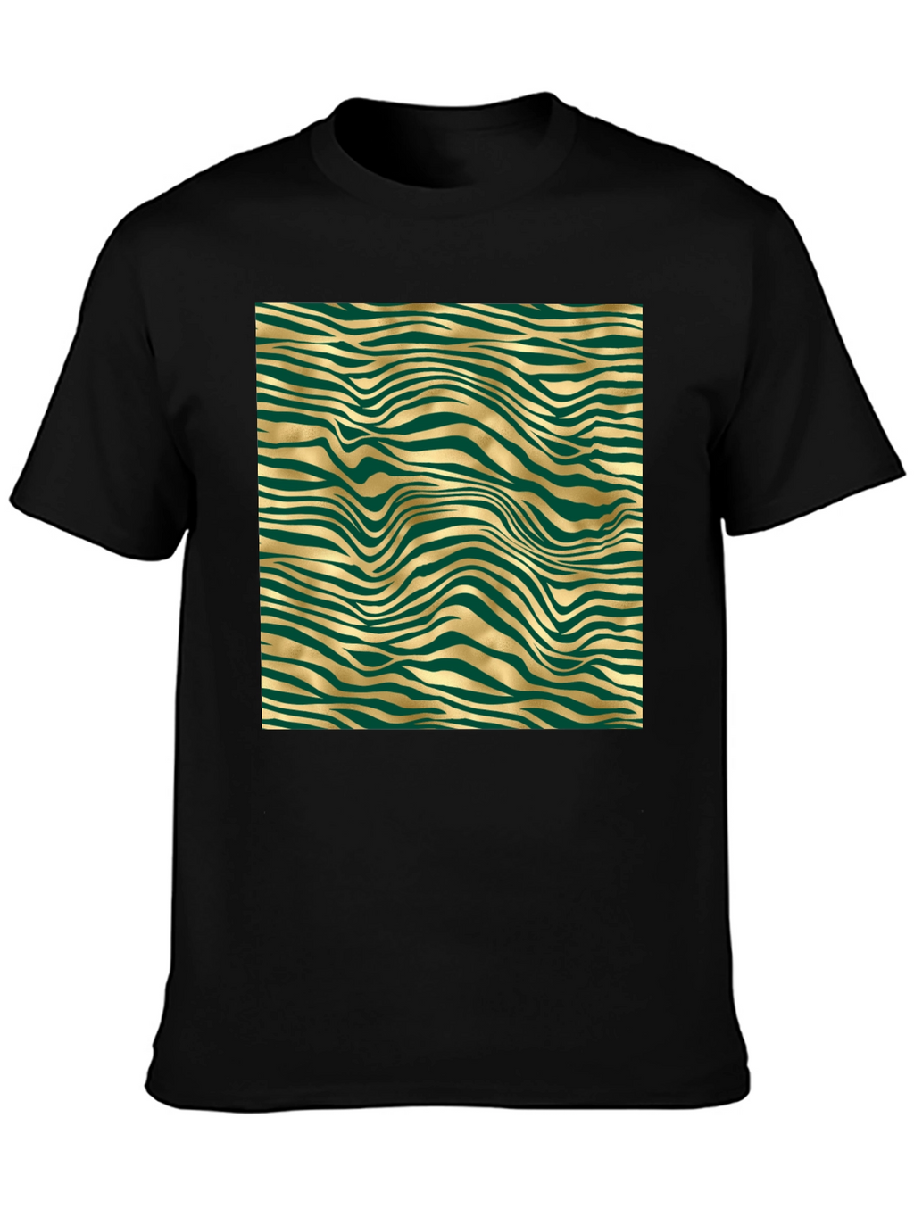 Stylish Black Tee with Abstract Gold and Green Pattern